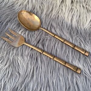 Vintage bamboo gold tone nickel bronze salad spoon and for serving utensils
